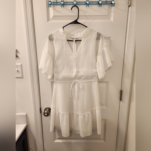 Cato White Mini Dress Short Flutter Sleeves Womens V Neck Tie Waist Size XS - Picture 1 of 5